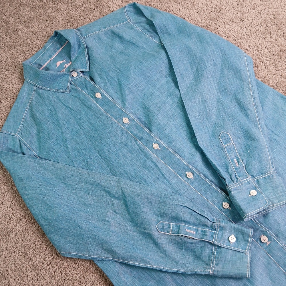 Tommy Bahama Womens Medium Blue 100% Linen Button Down Shirt Long Sleeve Marlin